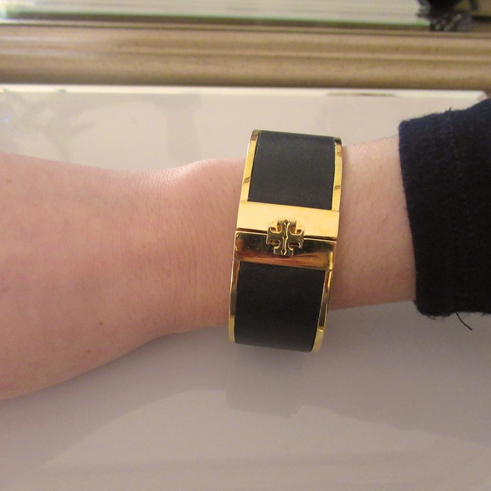 Tory Burch Black leather and Gold Enamel hinged bracelet